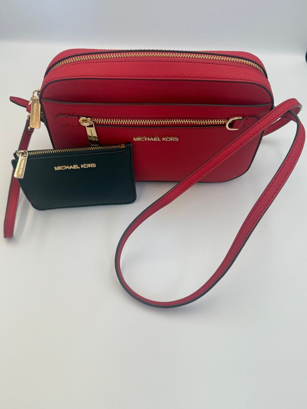 Michael Kors Red Jet Set Saffiano Leather Crossbody Bag + Black Zip Card Wallet